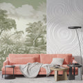 Tropical landscape wallpaper in sage green creating a calm atmosphere in a modern living room
