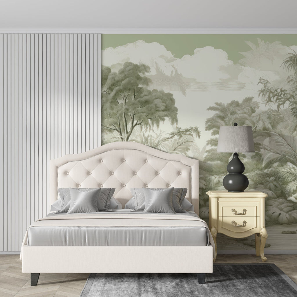 Sage green jungle mural wallpaper making a stunning backdrop in a master bedroom