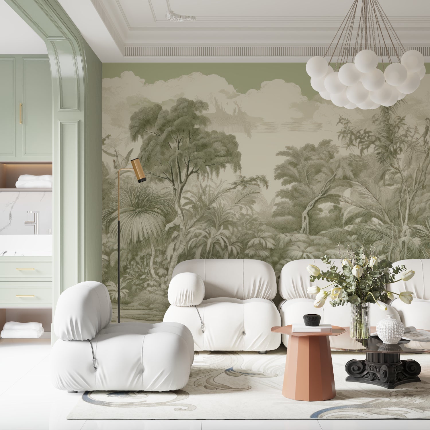 Green tropical wallpaper bringing nature indoors in a minimalist dining room