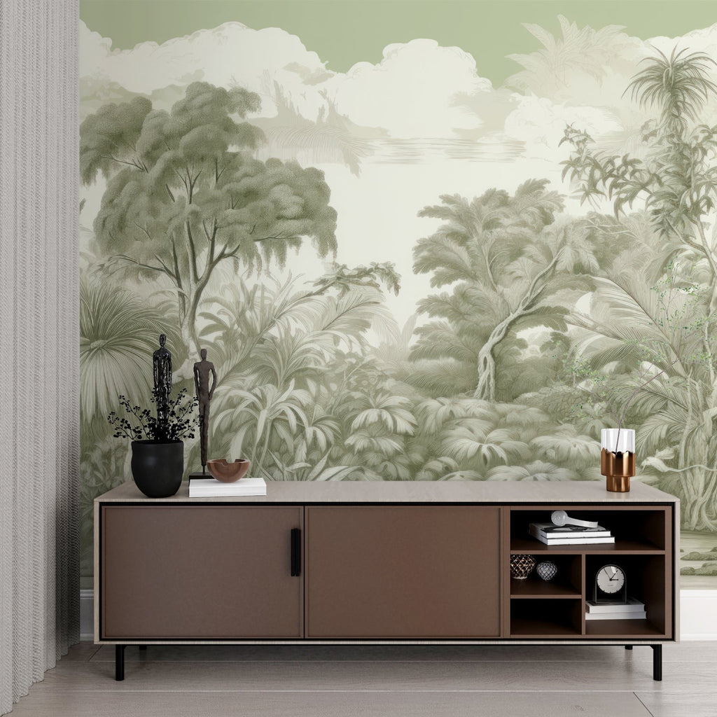 Botanical wall mural in soft sage tones enhancing a home office space