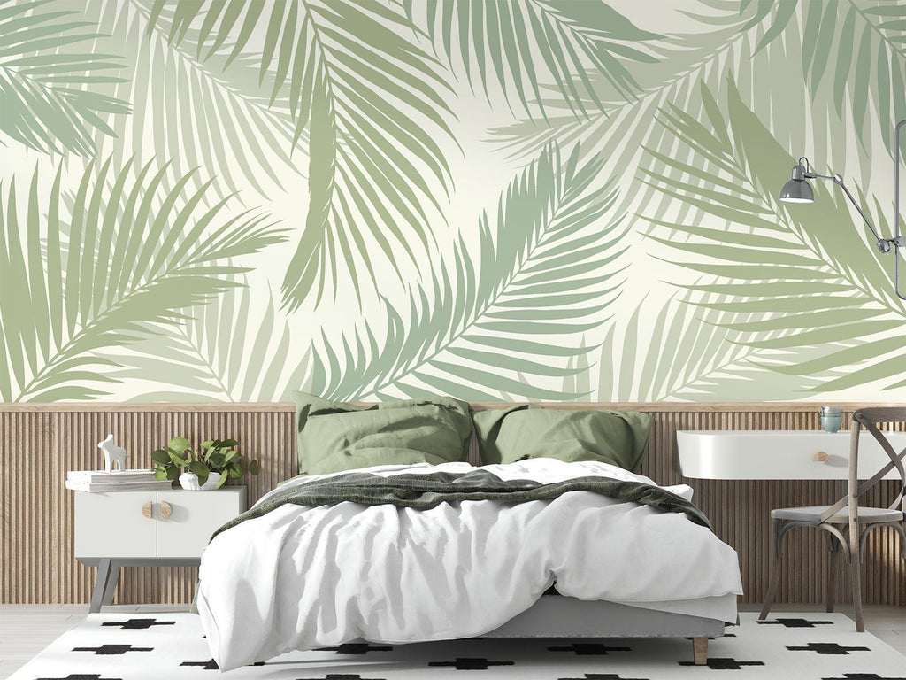 Tropical palm leaf wallpaper in sage green creating a peaceful atmosphere in a modern living room