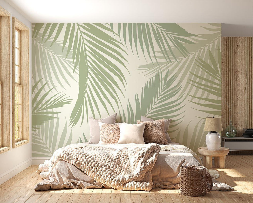 Botanical wall mural with sage palm leaves adding elegance to a dining room space