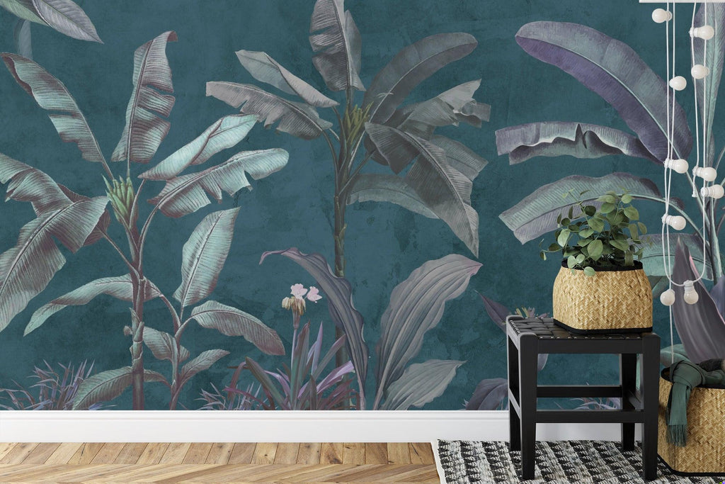 Botanical wall mural transforming dining room with metallic leaf pattern