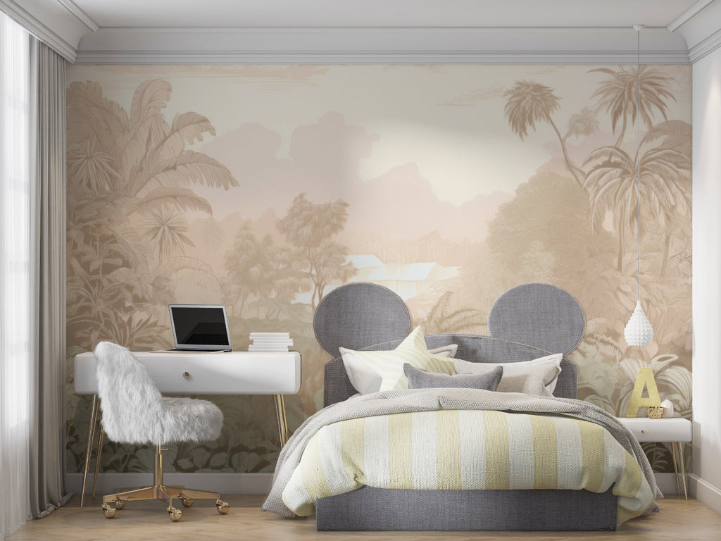 Soft tropical wallpaper design featured in luxury hotel lobby with natural lighting