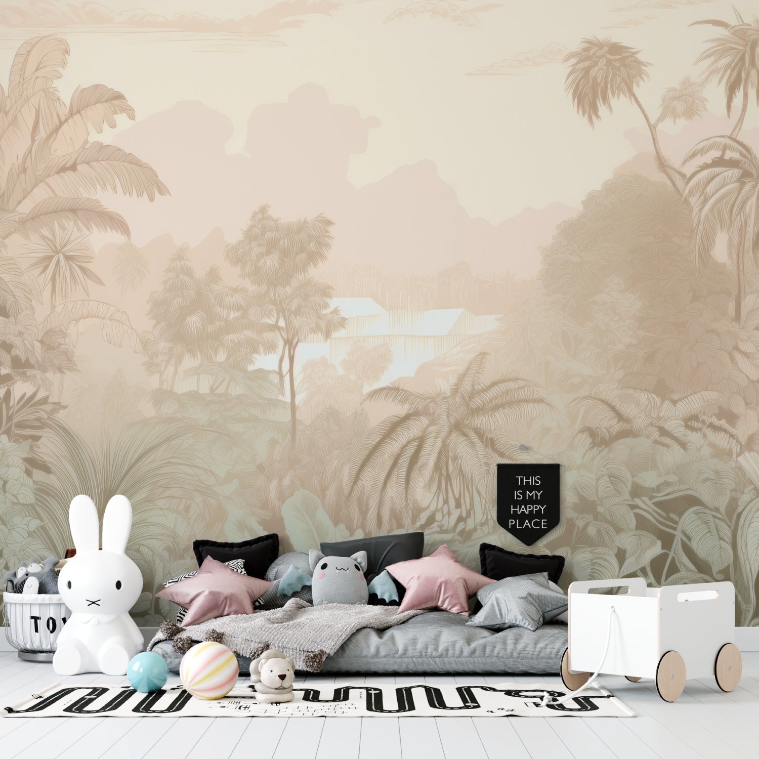 Palm tree mural wallpaper bringing paradise vibes to home office space