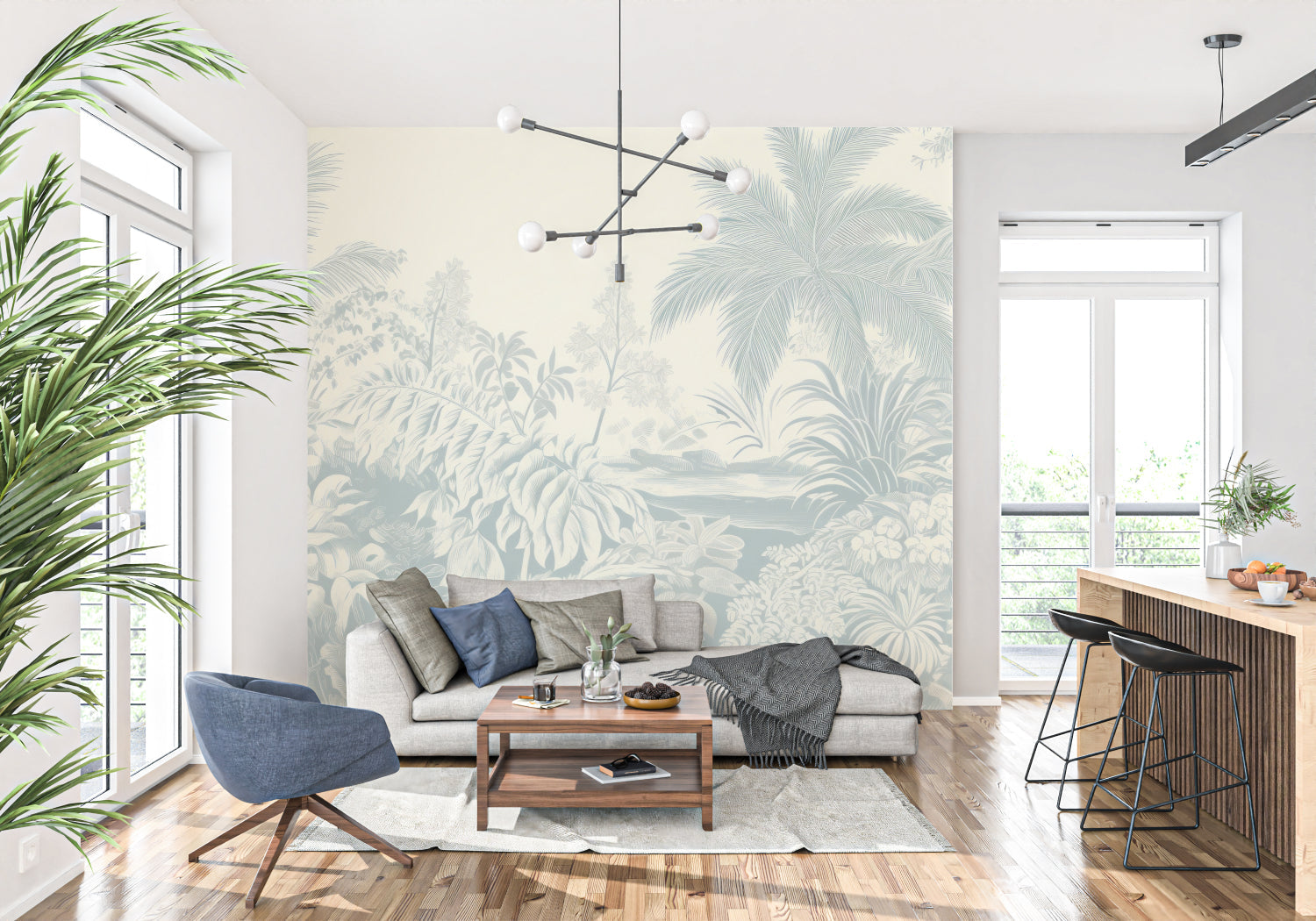 Tropical palm leaf wallpaper creating a serene atmosphere in a modern living room with natural light