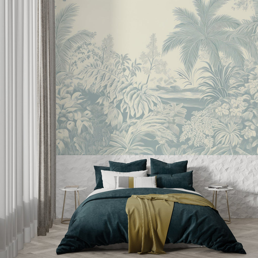 Blue palm leaf mural wallpaper in a minimalist bedroom setting with white furniture