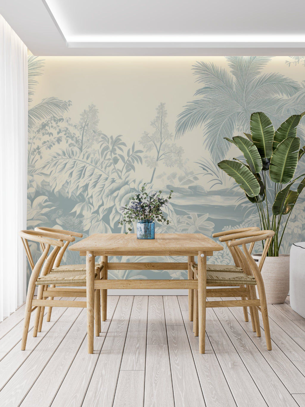Tropical palm wallpaper making a statement in a contemporary dining room