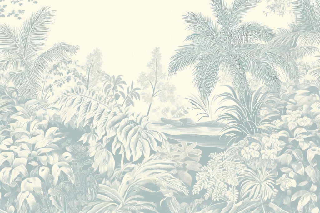 Design file showing detailed palm leaf pattern in soft blue tones