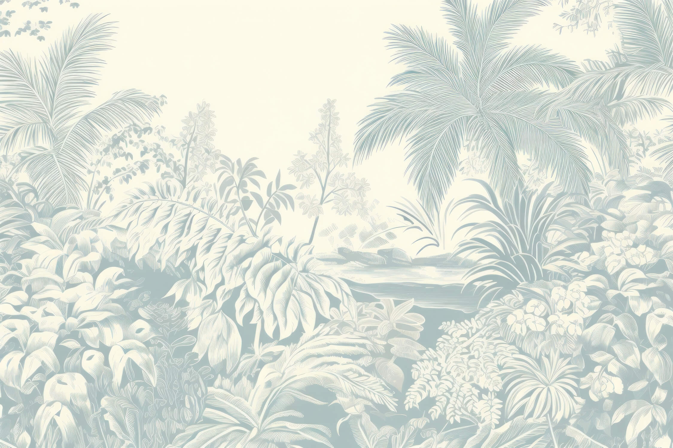 Design file showing detailed palm leaf pattern in soft blue tones