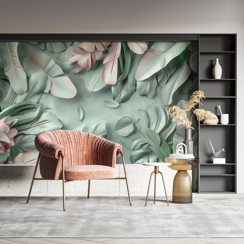 Bedroom with tropical leaf mural creating calm atmosphere with pink and green tones