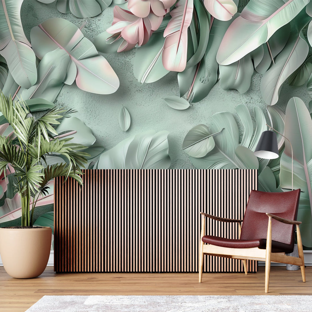 Home office featuring botanical wall mural with gentle sage and blush leaves