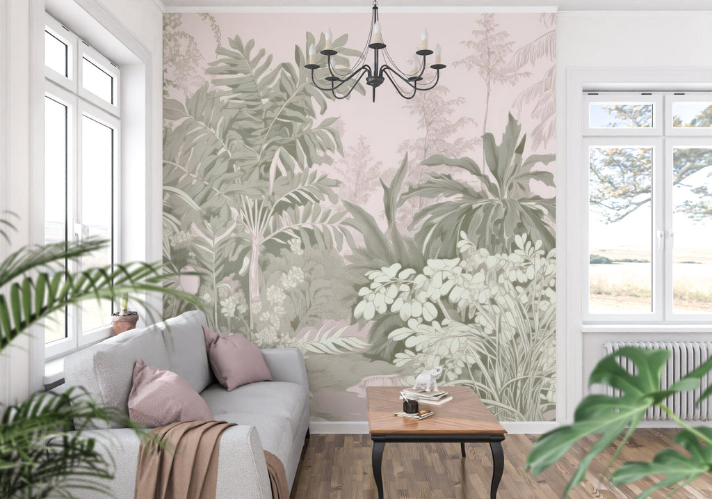Pink and sage tropical leaf mural adding fresh style to a bright bedroom