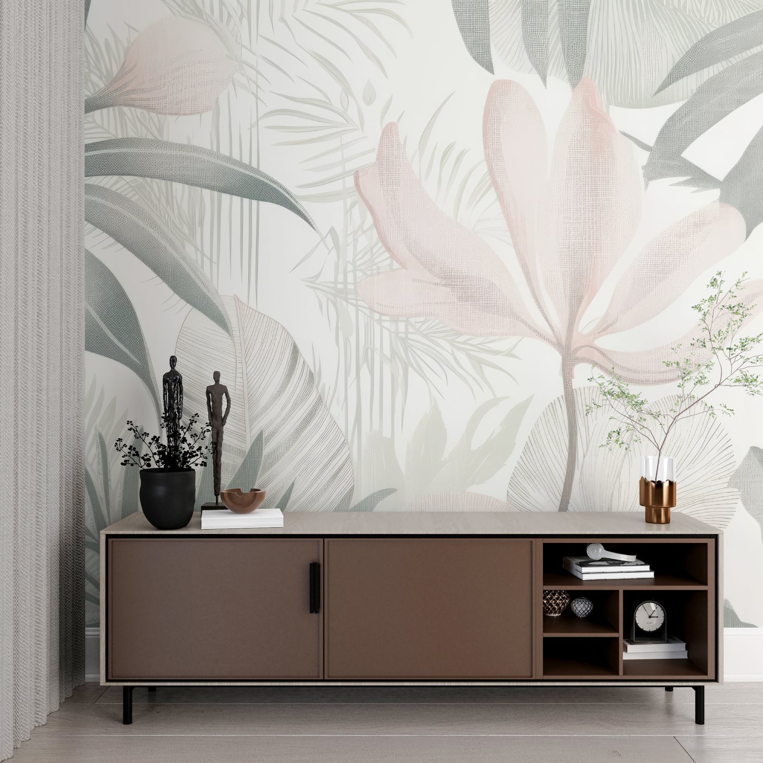 Palm leaf wallpaper bringing nature into home office space