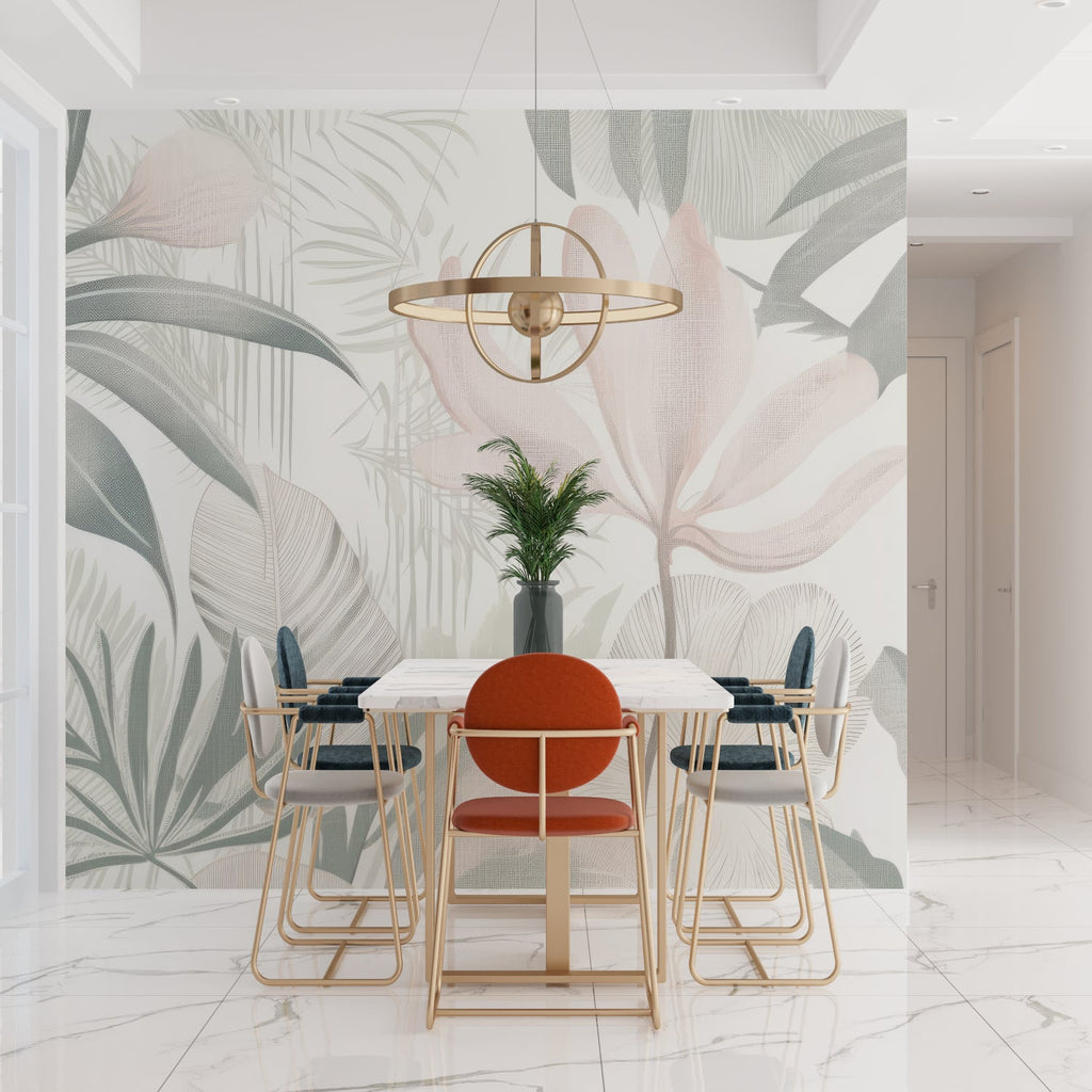 Tropical mural wallpaper in powder room with gold fixtures