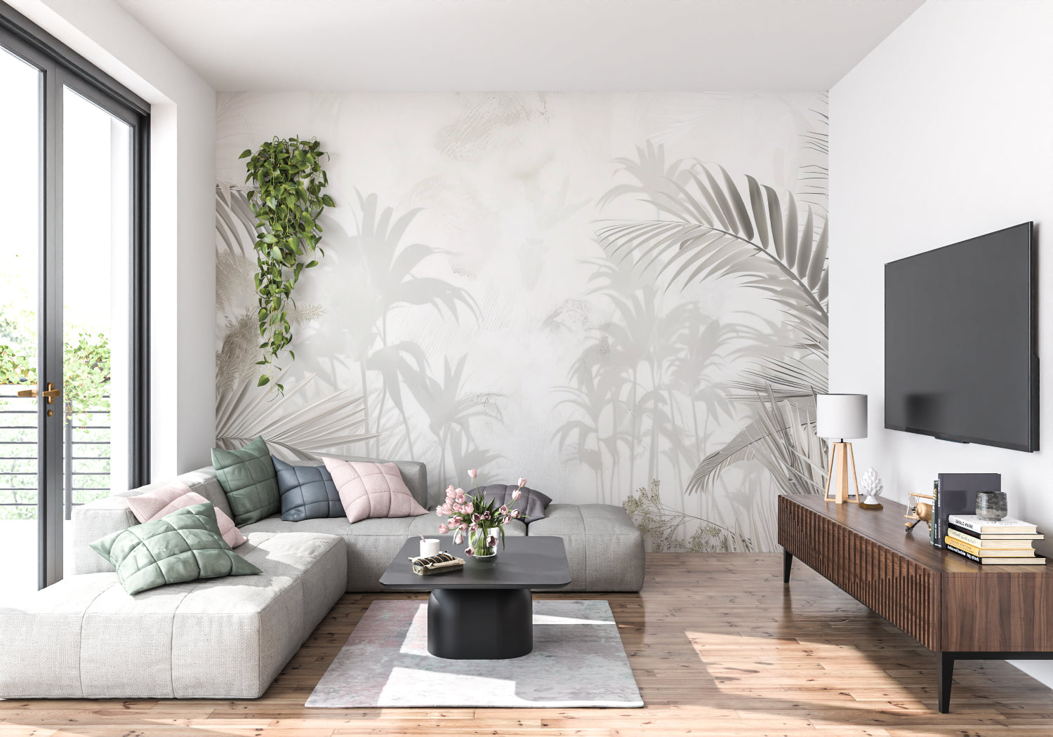 Hallway with subtle palm leaf pattern in neutral tones