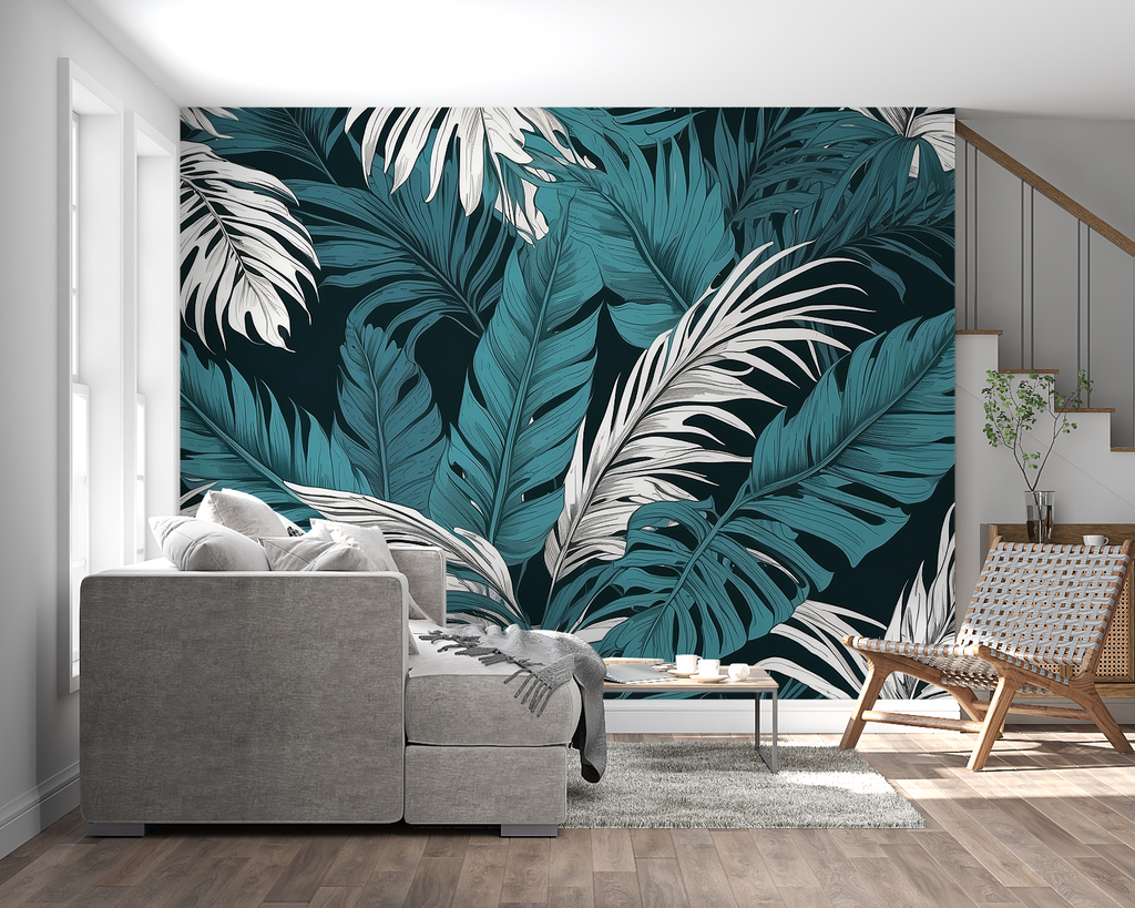 Hotel lobby showcasing dramatic palm leaf wallpaper in teal and white tones