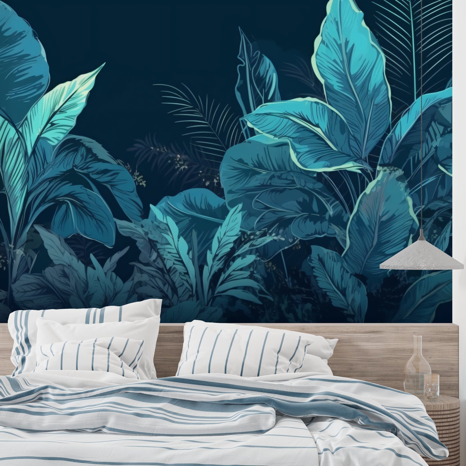 Teal tropical leaves mural adding depth to meditation room space