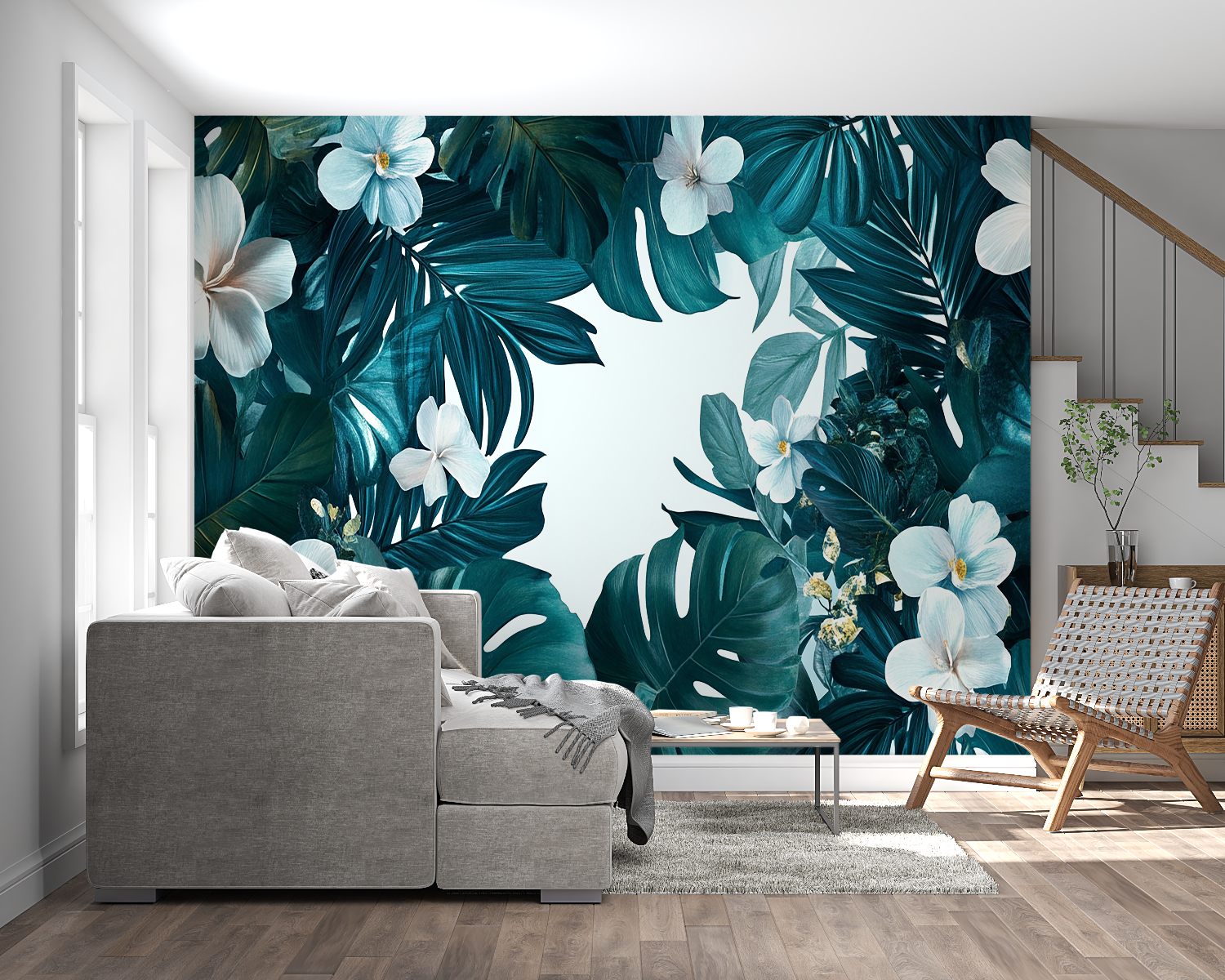 Teal Botanical Wallpaper making a statement in a cozy bedroom setting