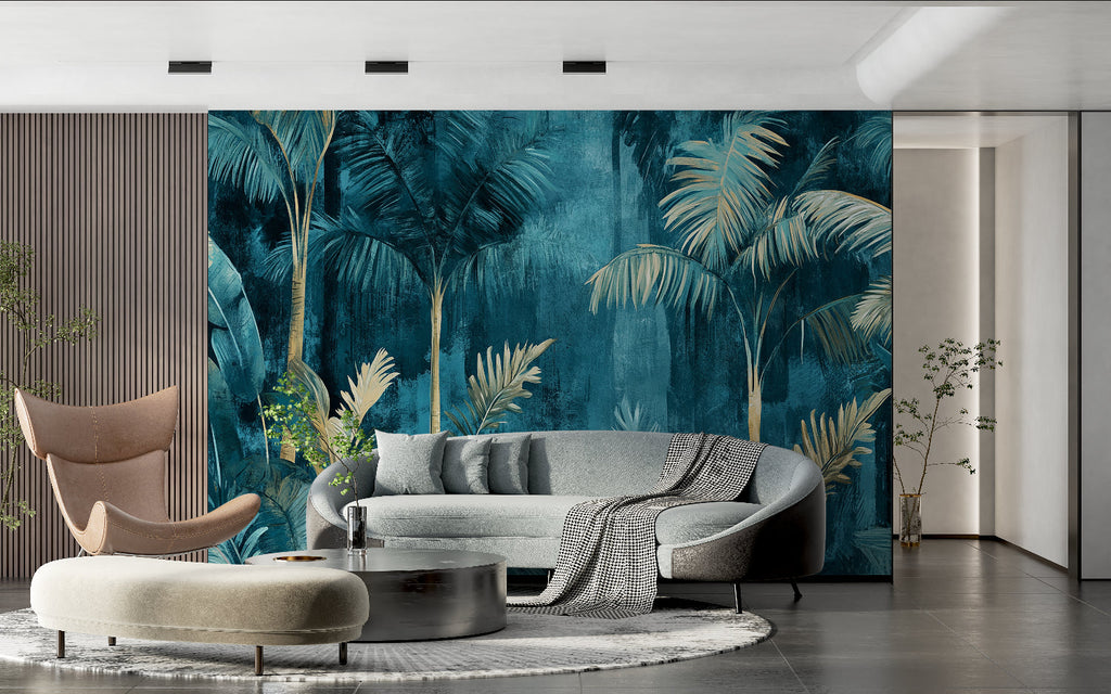 Tropical palm wallpaper with gold accents creating luxury feel in modern living room
