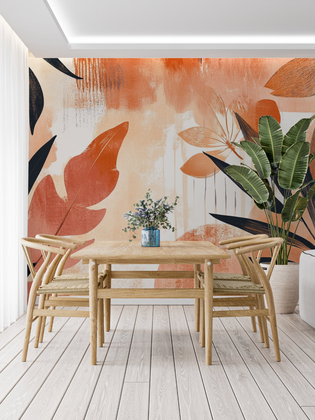 Tropical leaf wallpaper in modern living room showing terracotta abstract pattern against white sofa