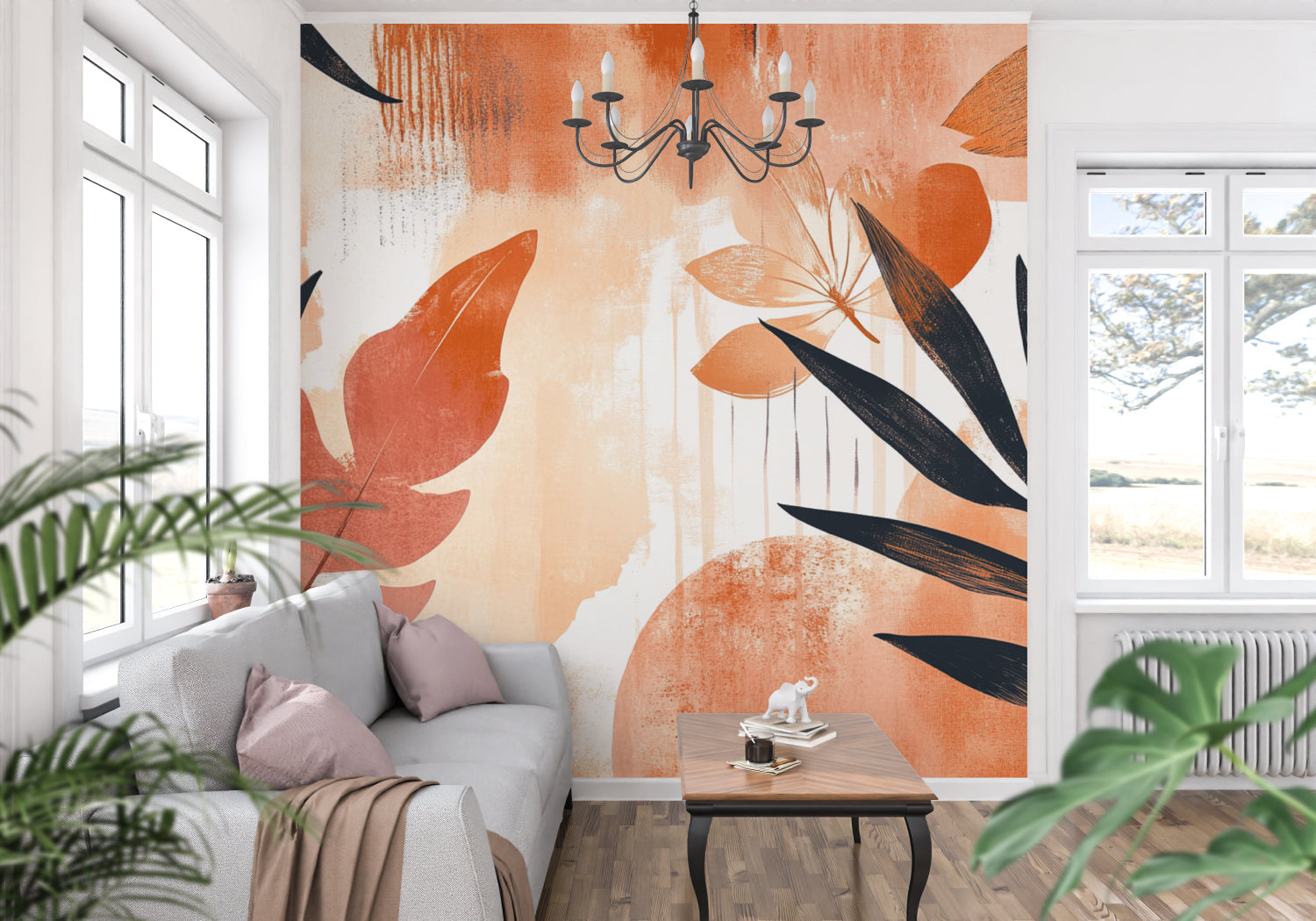 Botanical wall mural in home office with terracotta and black abstract leaves