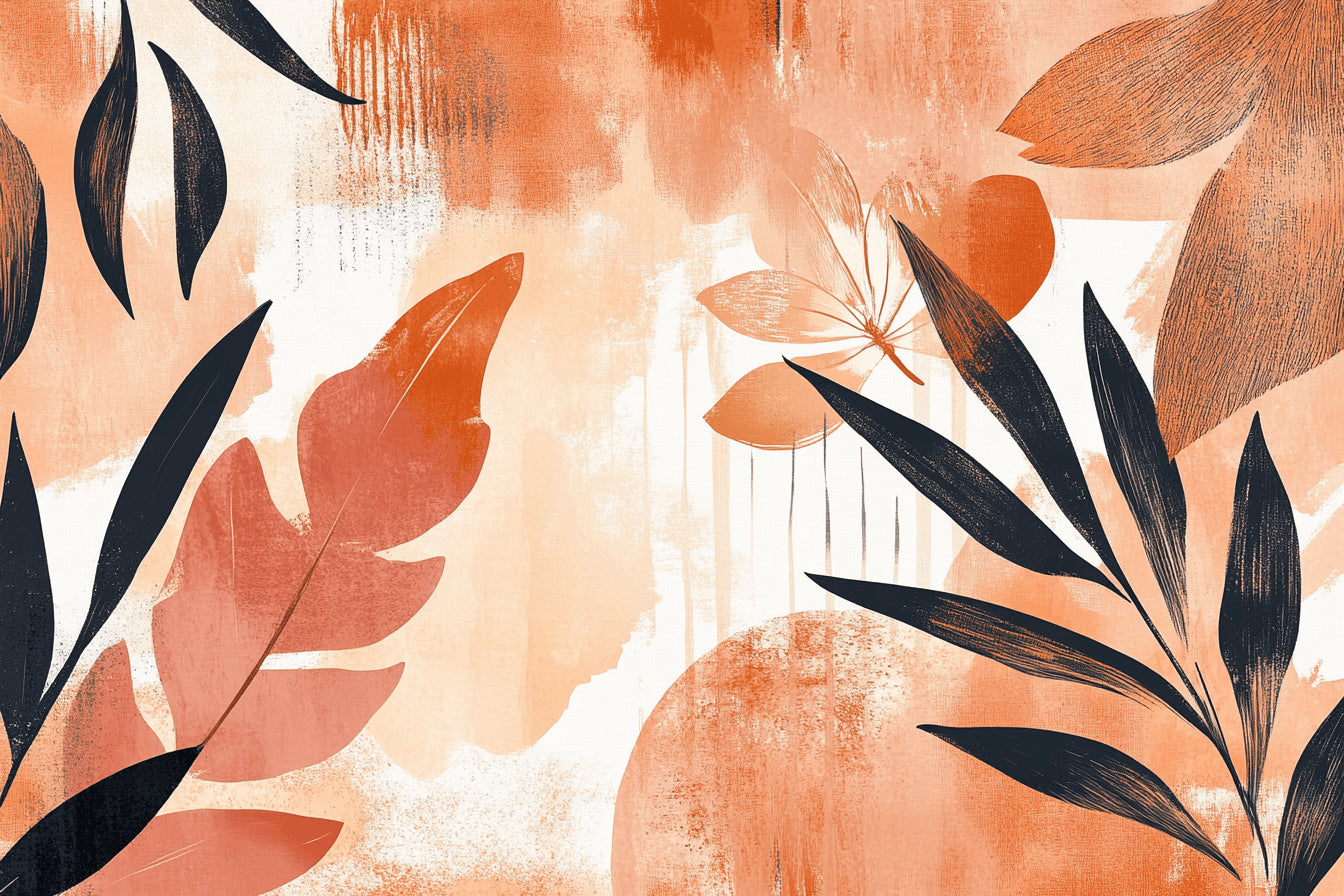 Design file showing full terracotta abstract leaf pattern with black accents on beige background