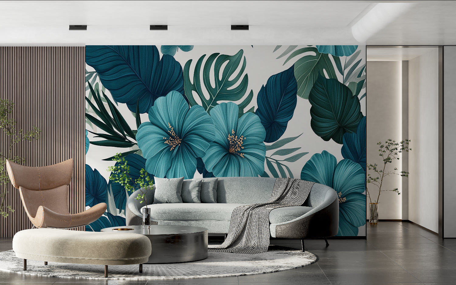 Tropical flower wallpaper making a statement in a home office with clean lines