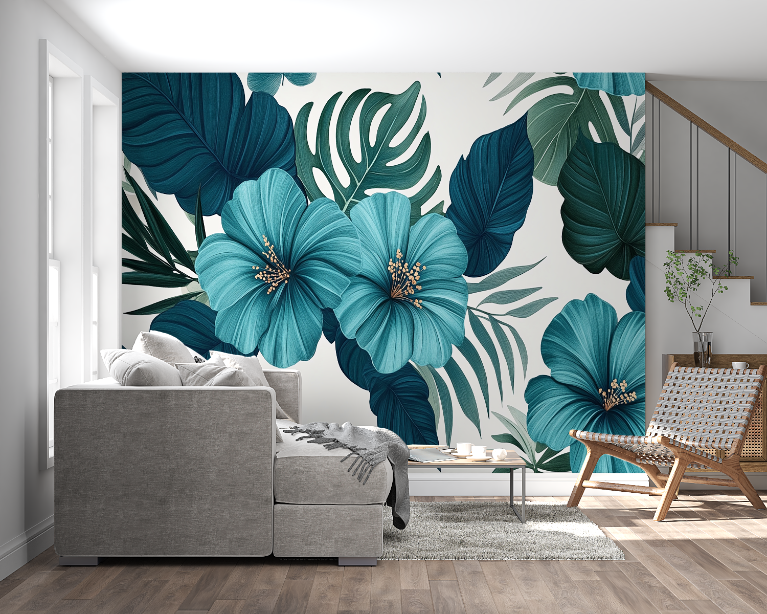 Monstera leaf wallpaper adding fresh style to a dining room with wooden furniture