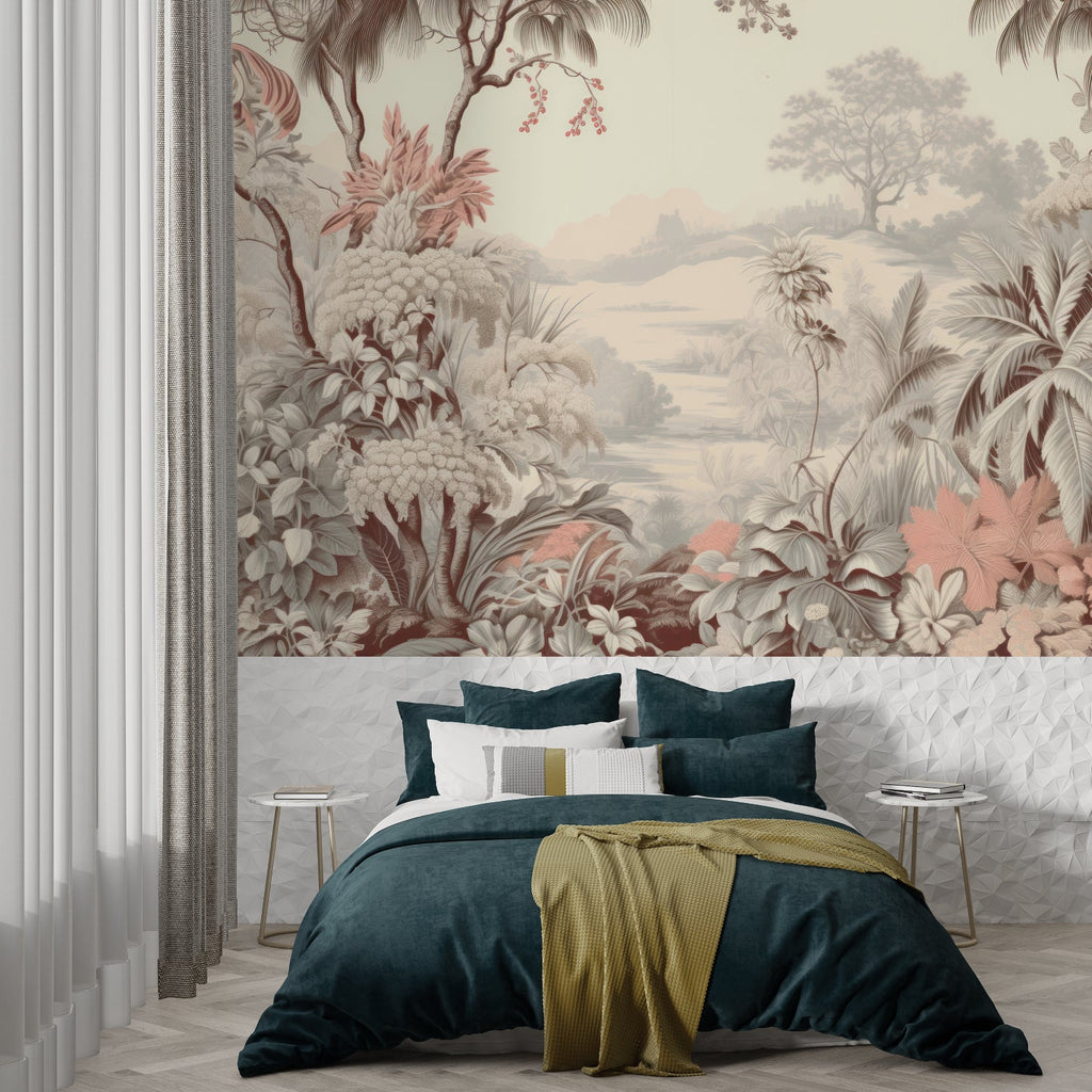 Exotic landscape mural in home office showcasing detailed palm fronds and mountains