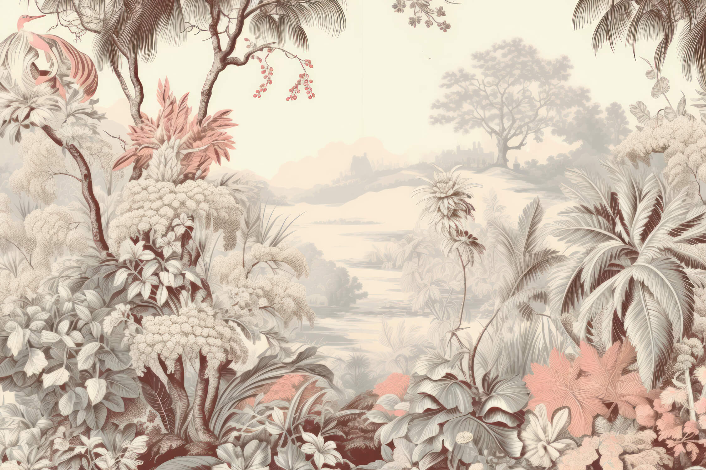 Tropical landscape wallpaper design file showing full pattern with detailed vintage botanical elements