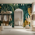 Tropical leaf wallpaper with golden pineapples creating a luxurious atmosphere in a modern living room
