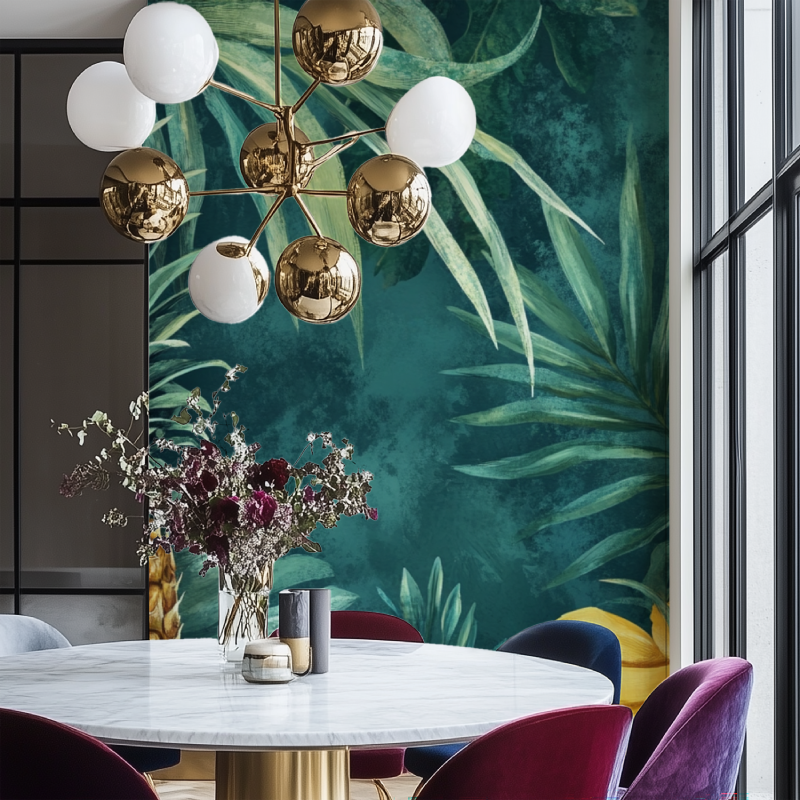 Green palm leaf wallpaper bringing tropical vibes to a cozy bedroom setting