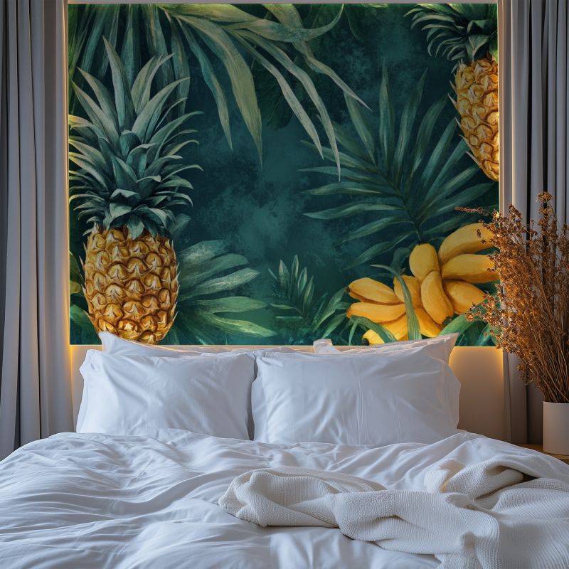 Botanical wall mural with pineapples making a statement in an elegant dining room