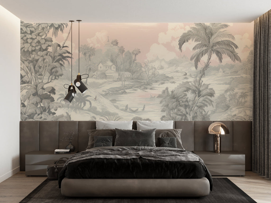 Beige palm tree mural wallpaper adding warmth to a master bedroom