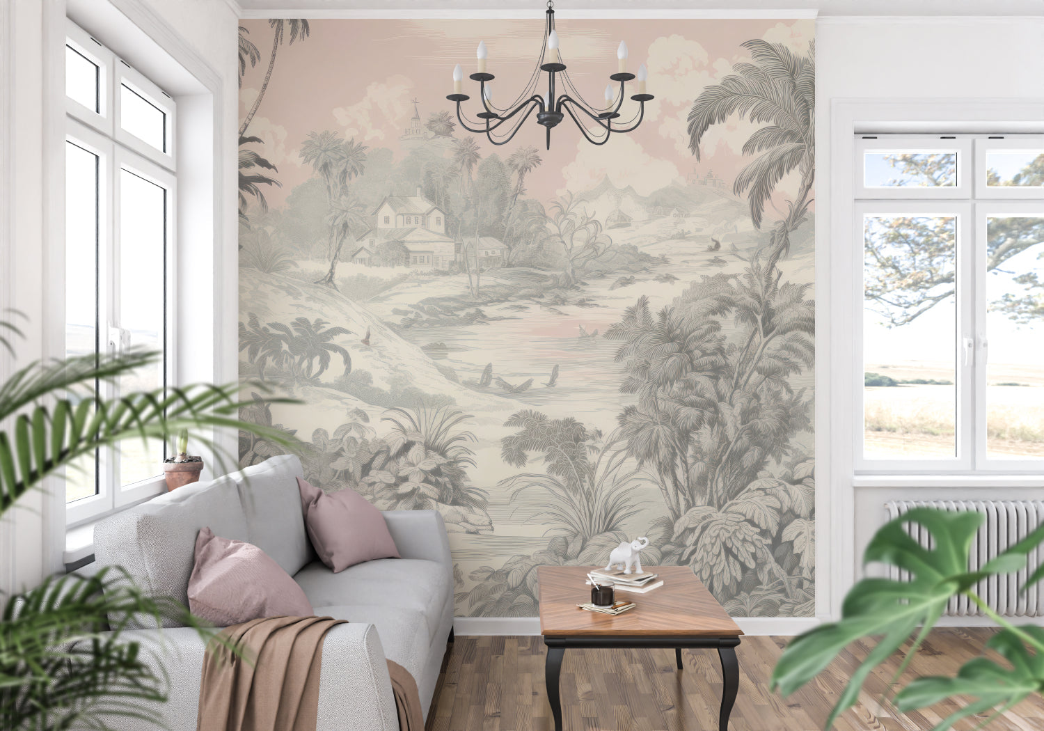 Palm tree landscape mural bringing coastal vibes to a home office