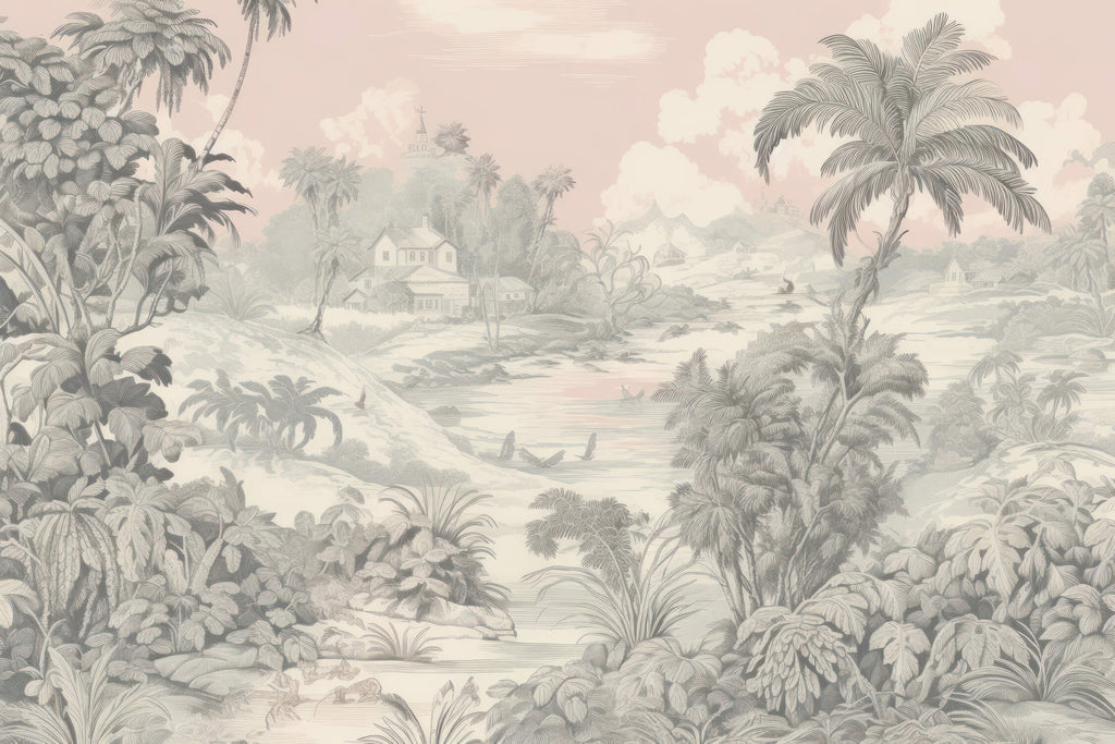 Design file of vintage palm trees landscape wallpaper pattern in soft beige tones
