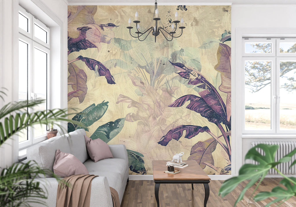 Purple palm leaf wallpaper in modern living room creating a peaceful tropical atmosphere