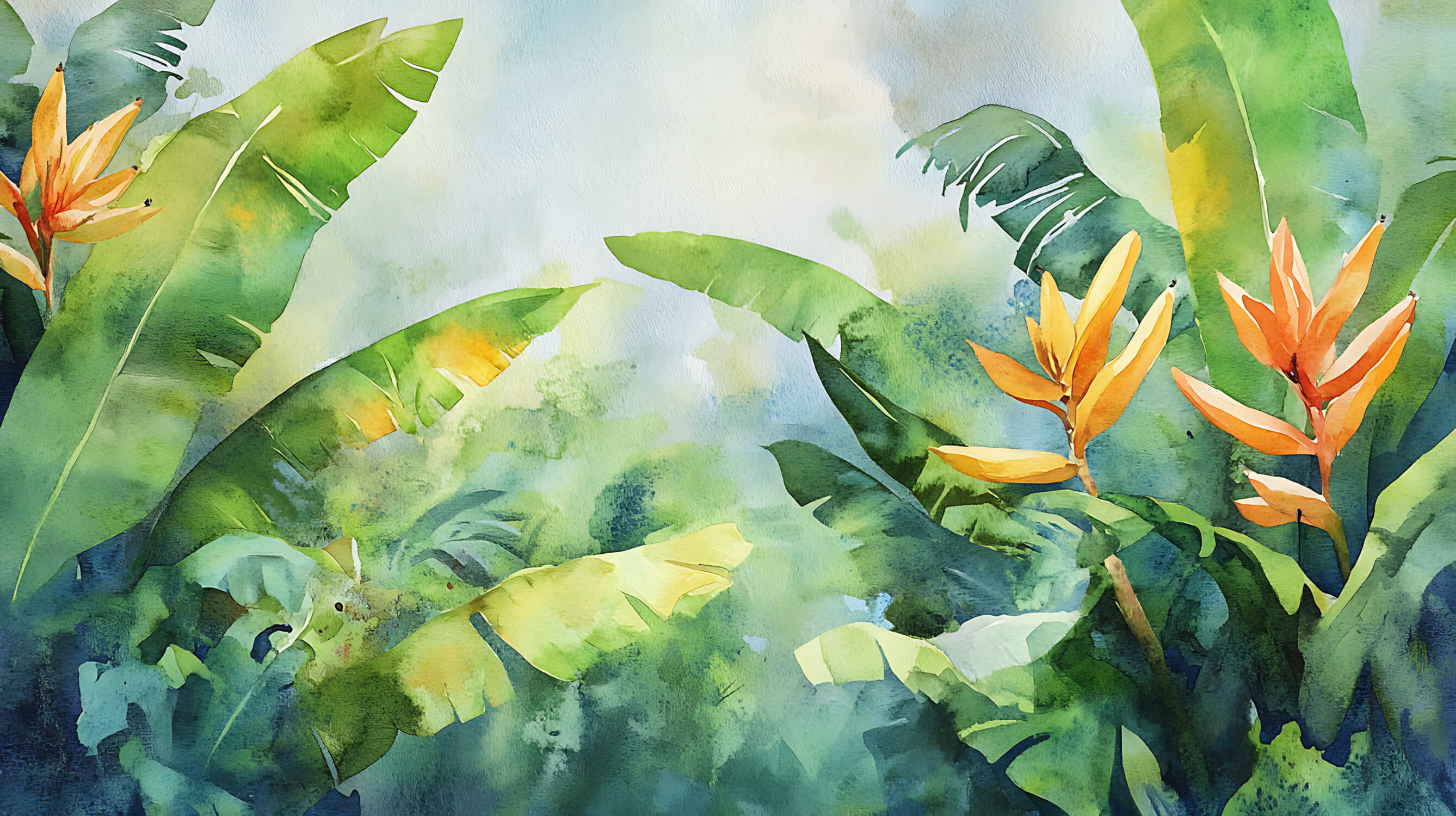 Design file showing detailed watercolor pattern of banana leaves and bird of paradise flowers