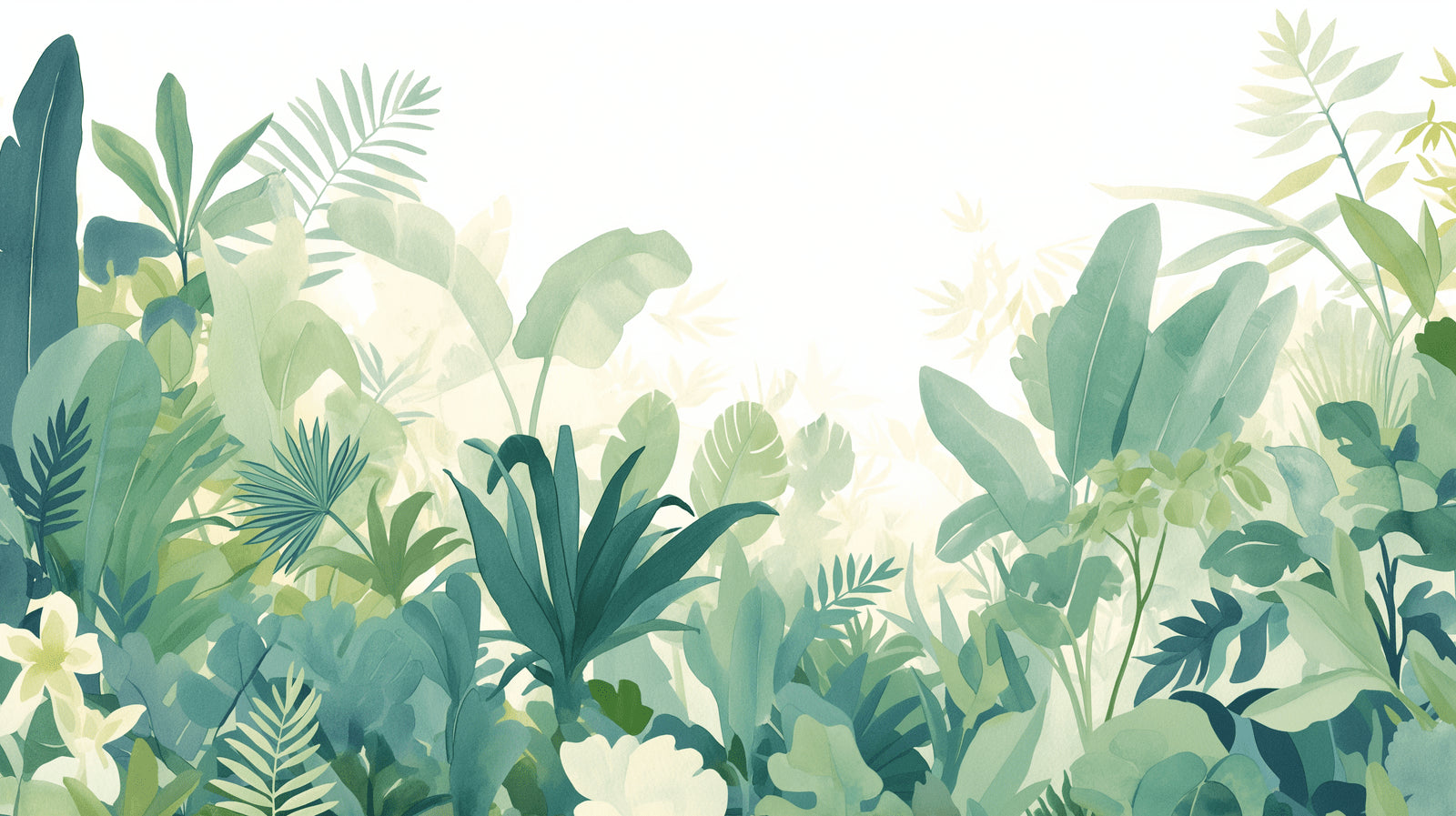Watercolor jungle mural bringing fresh energy to a peaceful bedroom setting