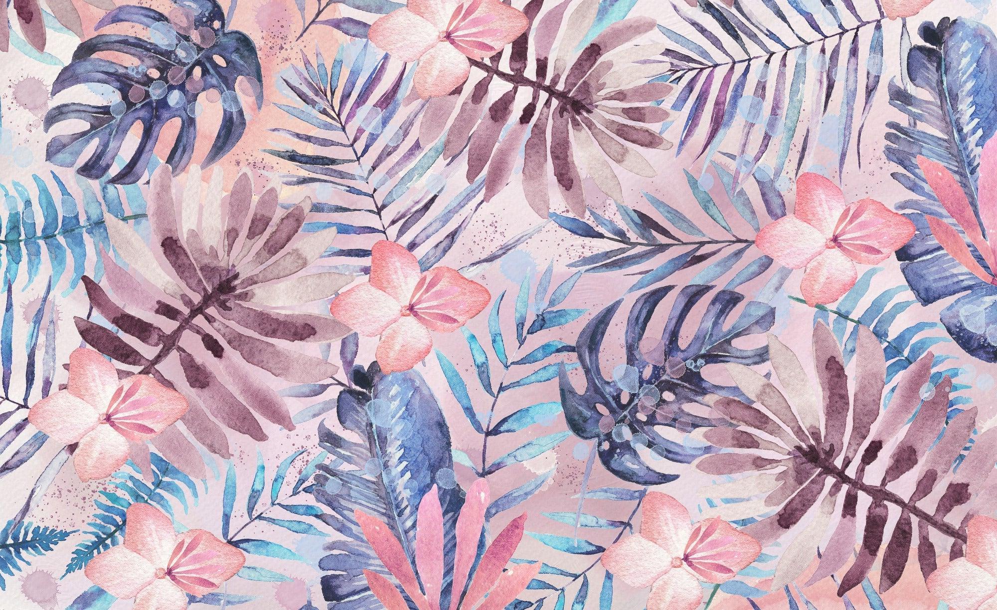 Design file of watercolor monstera and pink flowers pattern showing exact colors and details
