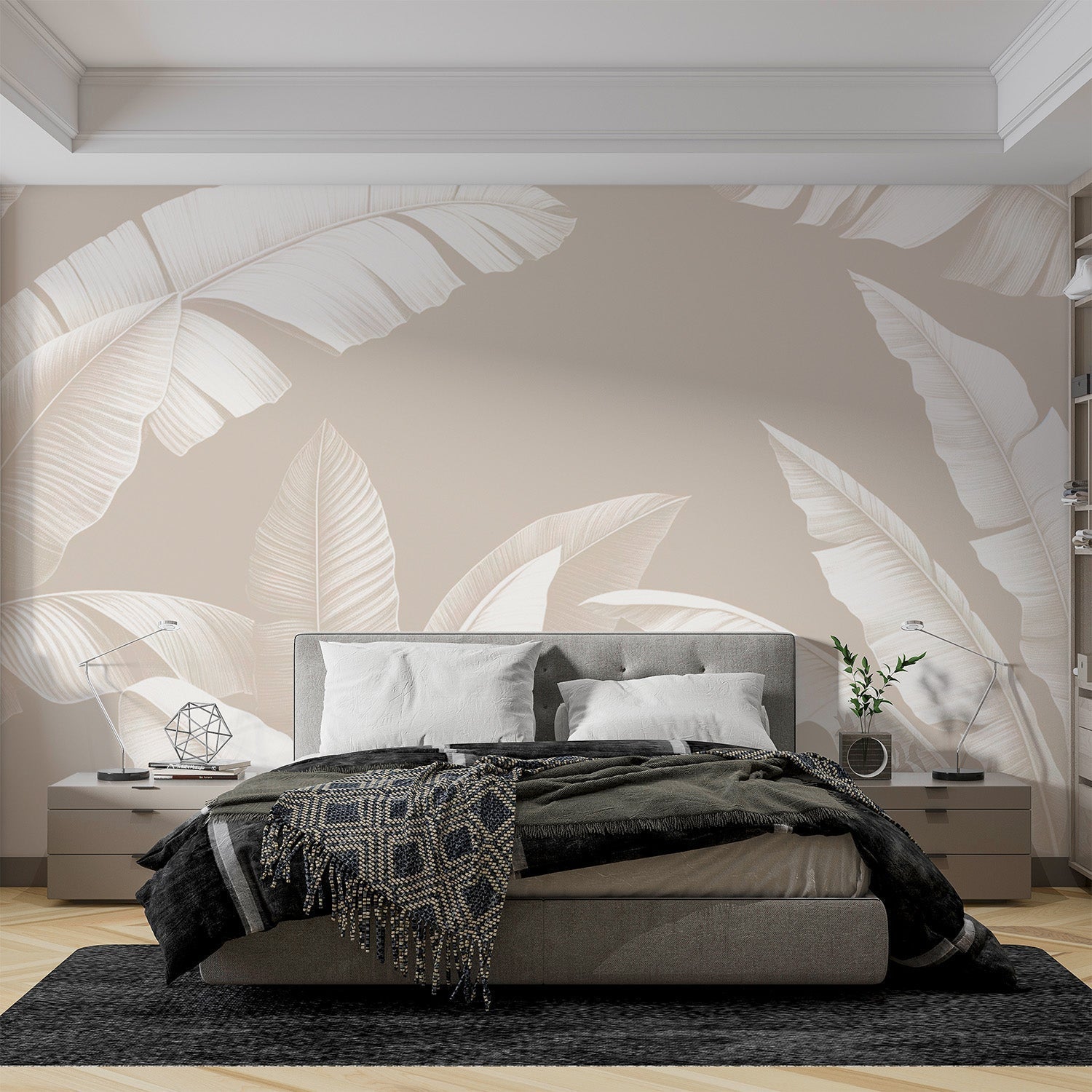 Tropical banana leaf wallpaper in modern living room, white leaves on beige creating a bright, airy atmosphere