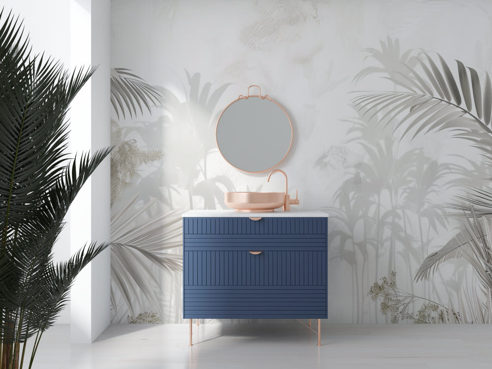 White Palm Leaves Mural Wallpaper creating a serene atmosphere in a modern bathroom with freestanding tub