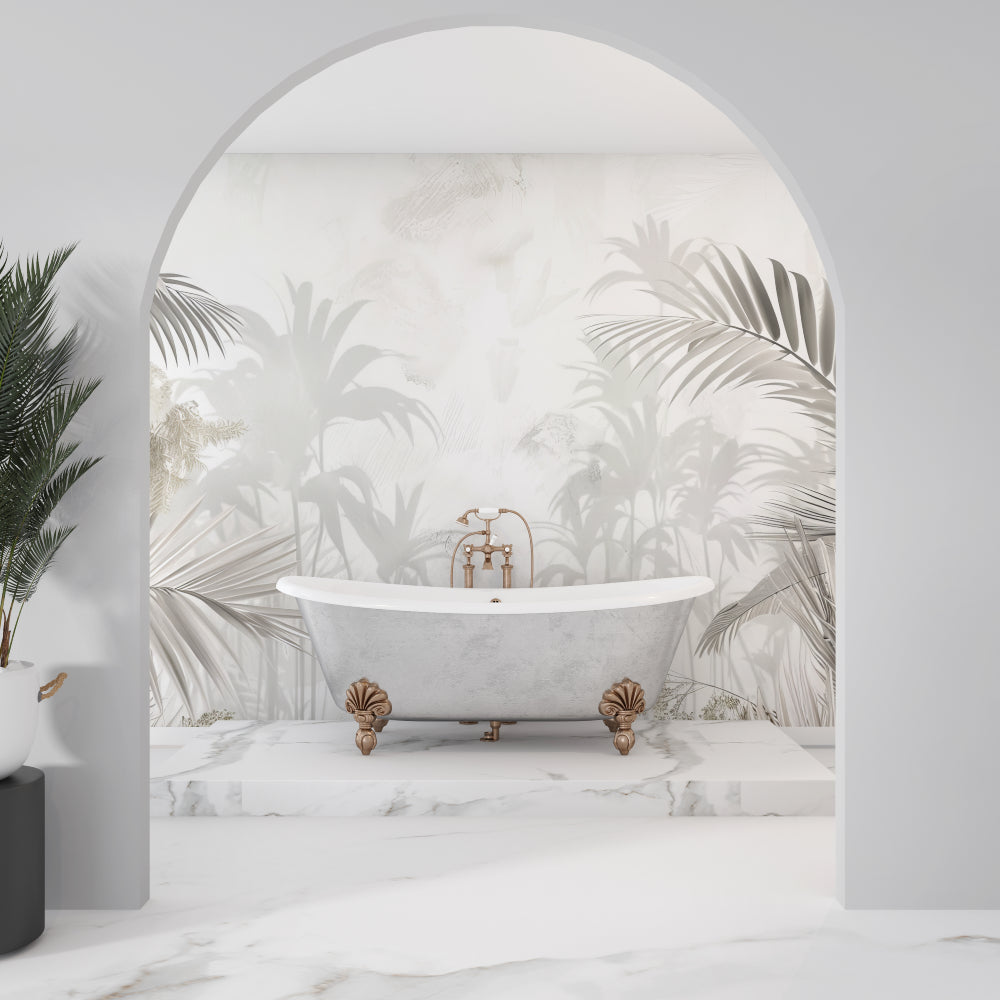 Tropical Palm Leaf Wallpaper adding sophistication to a minimalist bedroom with natural light