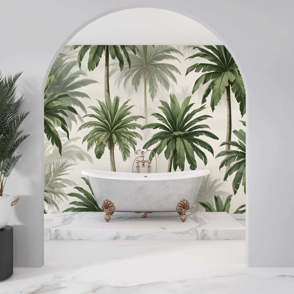 Palm leaf wallpaper bringing natural elegance to a master bedroom with neutral decor