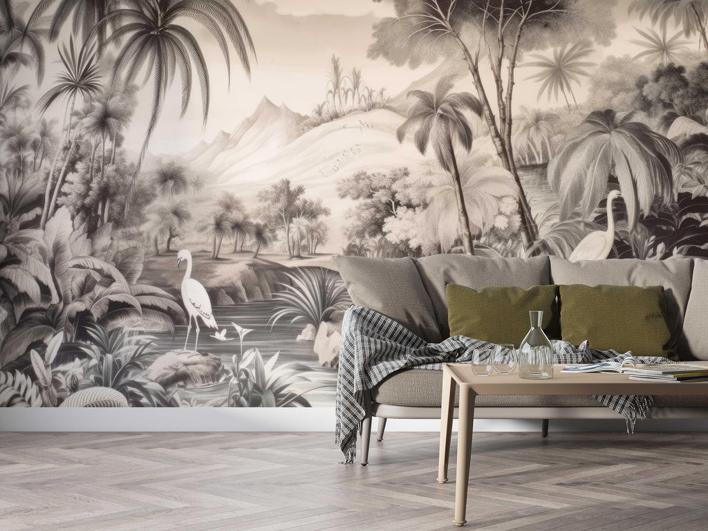 Tropical paradise wallpaper in monochrome style shown in a modern living room setting with minimal furniture