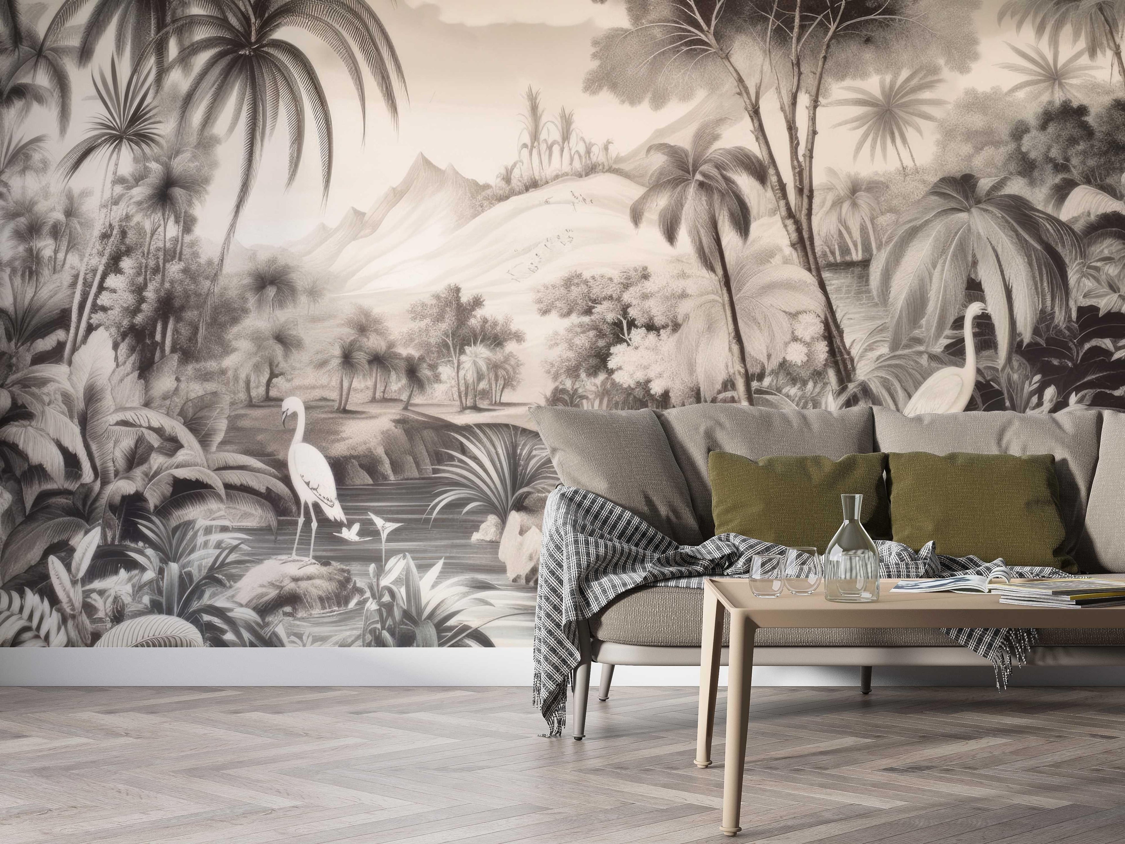 Tropical paradise wallpaper in monochrome style shown in a modern living room setting with minimal furniture
