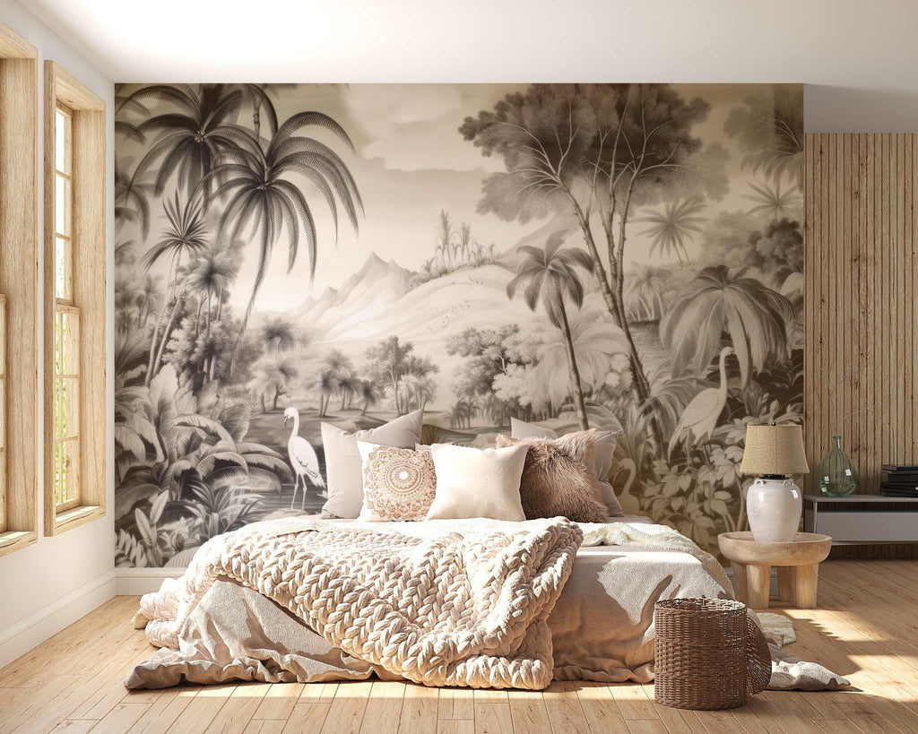 Black and white tropical mural featuring palm trees and herons displayed in a bright bedroom