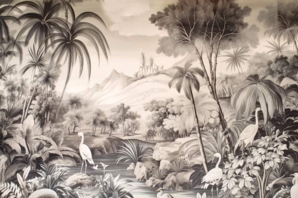 Monochrome tropical paradise design file showing detailed palm trees and elegant herons in sepia tones