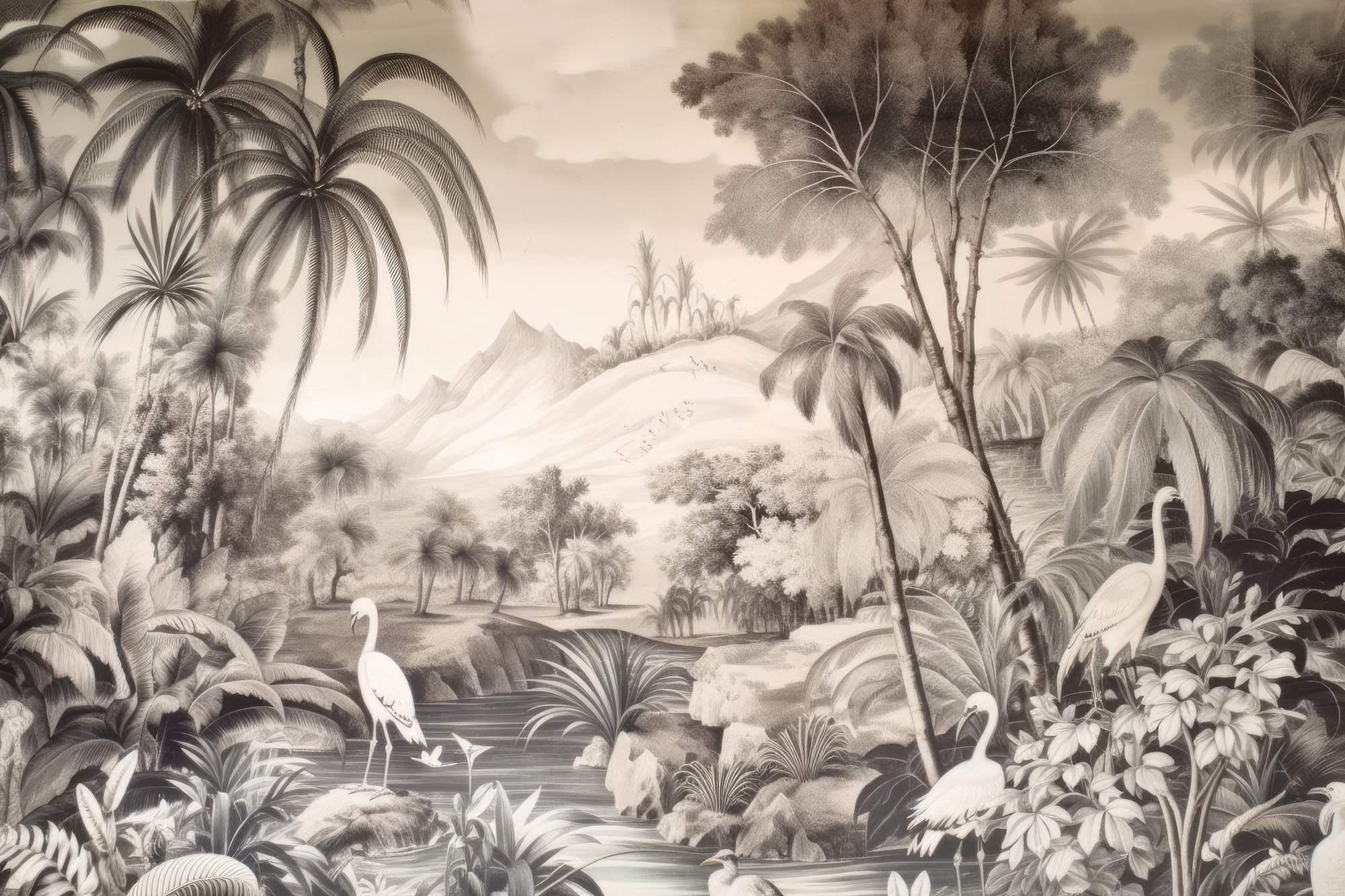 Monochrome tropical paradise design file showing detailed palm trees and elegant herons in sepia tones
